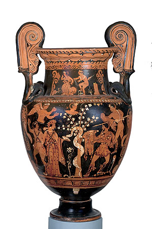 Medea betäubt den Drachen und Jason raubt das Goldene Vlies. Apulischer Volutenkrater,