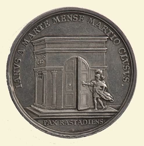 Georg Friedrich Nürnberger (1682–1724), Medaille auf den Frieden von Rastatt, 1714, Rückseite: Mars schließt die Türen des Janustempels, Landesmuseum Württemberg, Stuttgart, Münzkabinett