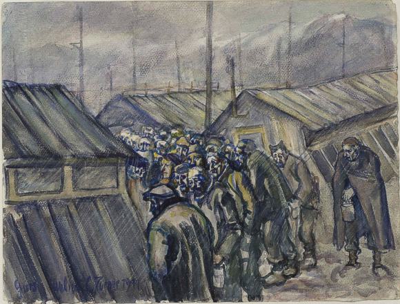 Julius C. Turner, Warten auf die Abendsuppe, Aquarell, 27 x 36 cm, signiert: Gurs julius C. Turner 1941. Repro Museum Ritterhaus 