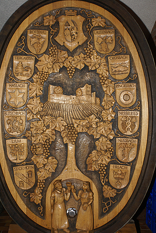 Fassboden im Keller der Winzergenossenschaft Oberkirch mit den Wappen der Gemeinden im Anbaubereich der WG