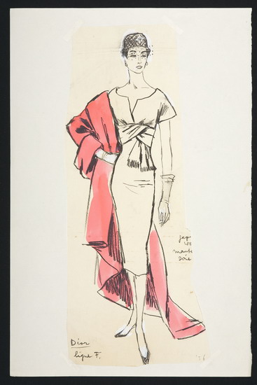 Constance Wibaut, Modezeichnung eines Nachmittagskleids von Christian Dior