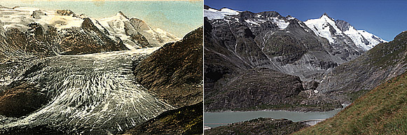 Pasterzenzunge, Großglockner, Kärnten, Österreich, links um 1910, rechts am 26.8.2000. © Sammlung Gesellschaft für ökologische Forschung