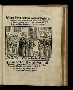 Der Ketzerprozess gegen vier Dominikanermönche in Bern 1509. Die Hauptbeteiligten des Prozesses und Thomas Murner wurden von vermutlich protestantischer Hand mit handgemalten Bärten u.a. karikiert. (aus: Thomas Murner: History Von den fier ketzren Prediger ordens der obseruantz zu Bern jm Schweytzerland verbrant…, Straßburg: Johann Prüss d. J., 1521)