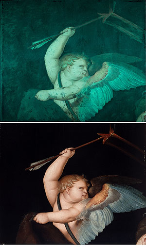 UV-Fluoreszenzuntersuchung zu „Amor mit dem flammenden Pfeil“ (um 1530 von Hans Baldung Grien) Bildquelle: Augustinermuseum. Zum Vergleich eine herkömmliche Fotografie des Gemäldes: Bildquelle: Michael Jensch