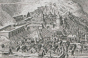 Matthäus Merian, Ansicht von Heidelberg vom Hang des gegenüberliegenden Berges aus. Topographia Palatinatus, UB Heidelberg.