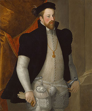 Porträt Ferdinands II. um 1557 von Francesco Terzio. Die gepflegten Hände und der Bartstil des Erzherzogs von Tirol verweisen auf die modischen Trends der Zeit.