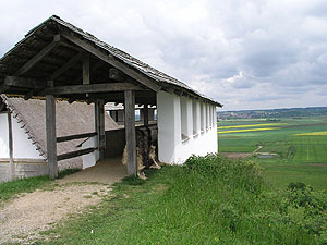 Heuneburg - Stadt Pyrene, Überdachter Wehrgang auf der Festungsmauer.